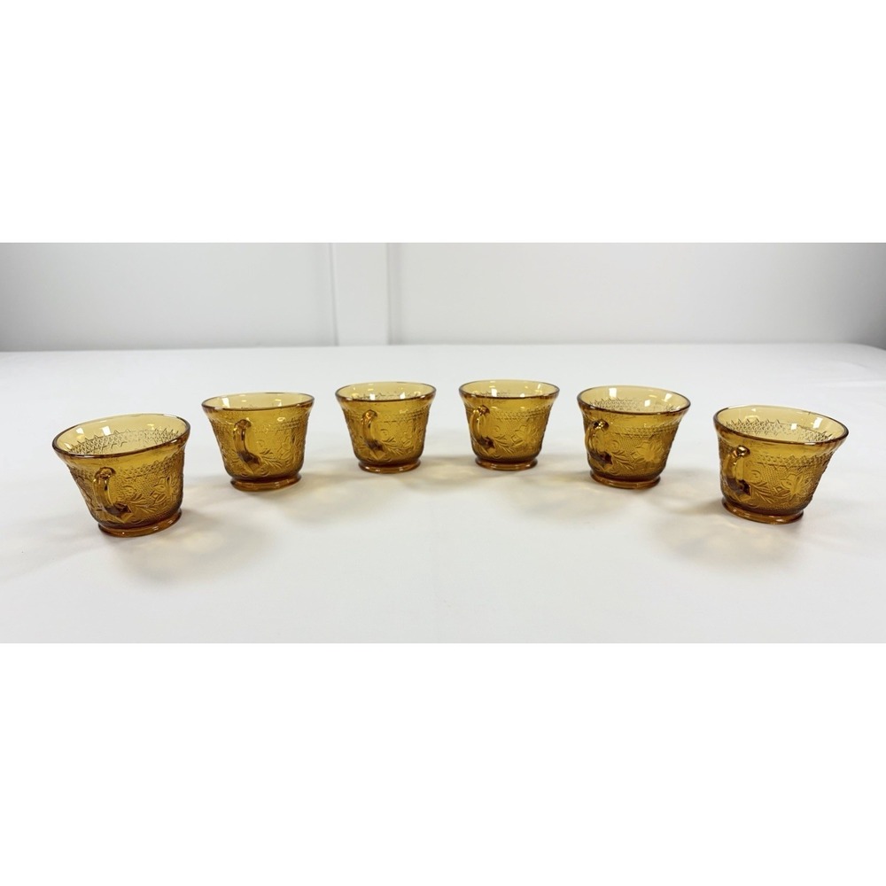 Set of 6 Tiara Indiana Glass Amber Sandwich Daisy Pattern Punch Tea Cups Vintage - Picture 7 of 16